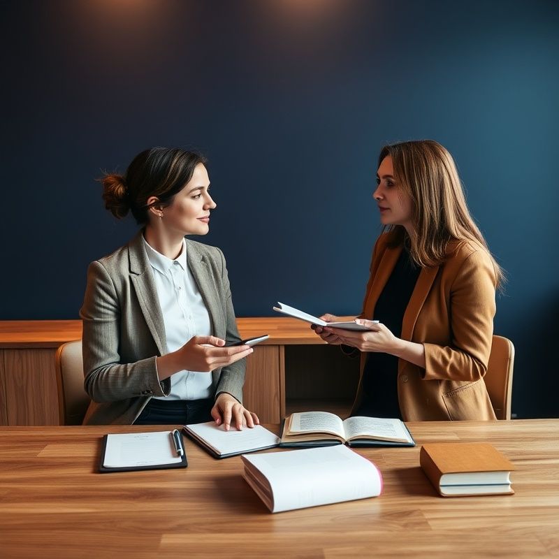 Două persoane în discuție la un birou minimalist din lemn, cu perete accent indigo