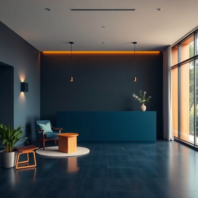 Recepție de birou minimalistă în paletă indigo și lemn cald
